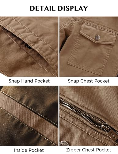 WenVen Men's Casual Canvas Cotton Military Lapel Jacket - color: Khaki, size: Small