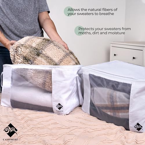 Sweater Storage for Closet – 2 Large Cotton Garment Bags, 30 Cedar Rings, & Mesh Window for Cashmere Sweaters – Wool & Cotton Sweater Organizer by Cashmere Kiwi, 15 x 11 x 9 In - size: Double