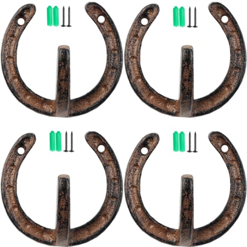 TIHOOD 4PCS Coat Hooks Vintage Wall Hanger Cast Iron Horseshoe Hooks Heavy Duty Clothes Hanger for Hanging Coat Hat Key Towel
