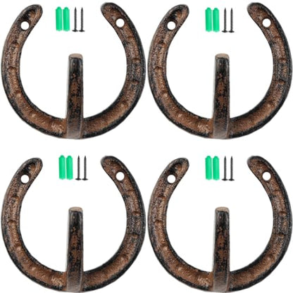 TIHOOD 4PCS Coat Hooks Vintage Wall Hanger Cast Iron Horseshoe Hooks Heavy Duty Clothes Hanger for Hanging Coat Hat Key Towel