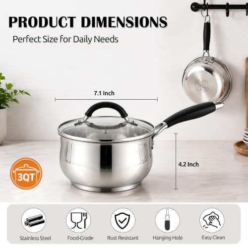 E-far 3 Quart Saucepan, Tri-Ply Base Stainless Steel Sauce Pot with Lid - size: 3 Quart