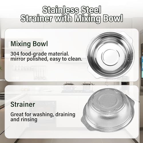 Stainless Steel Colander, 4.5QT Large Capacity with Mixing Bowl, Rice Washing Bowl with Strainer for Washing Vegetables, Fruit, Spaghetti, Pasta Strainer, Dishwasher Safe(2PC) - size: 4.5QT