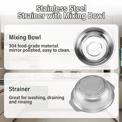 Stainless Steel Colander, 4.5QT Large Capacity with Mixing Bowl, Rice Washing Bowl with Strainer for Washing Vegetables, Fruit, Spaghetti, Pasta Strainer, Dishwasher Safe(2PC) - size: 4.5QT