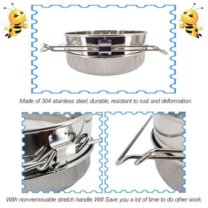 Honey Strainer,Double Sieve 304 Stainless Steel,for 5 Gallon Bucket | Double-sieve stainless steel strainer with adjustable arms, designed for filtering honey into buckets, pails, and honey tanks
