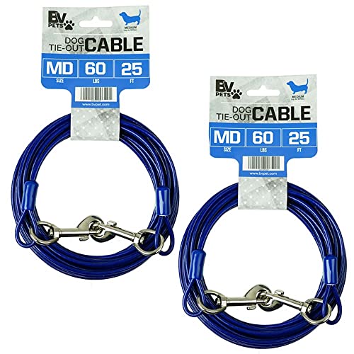 BV Dog Tie Out Cable 25 Feet - Heavy Duty Dog Lead Up to 60 Pounds - Reflective & Rust-Free with Quick Release Swivel Clips & 360° Rotating Clasp - Tangle-Free Dogs Runner for Yard (Blue, Pair) - color: 60lbs/ 25ft/ Blue, style: Pair