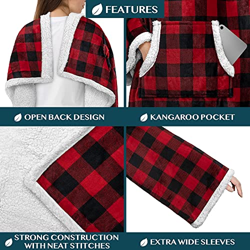 PAVILIA Sherpa Wearable Blanket with Sleeves and Pocket, Plush Thick Cozy Body Blanket Wrap for Adult Women Men, Christmas Gift for Wife Mom, Buffalo Red Black - color: Checkered Red