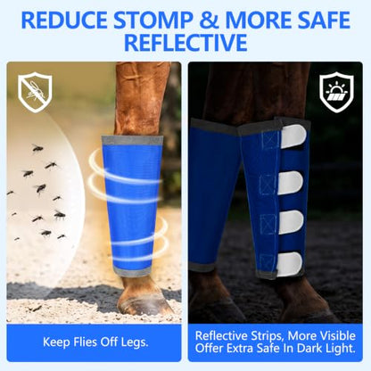 Fly Boots for Horses Set of 4 with Reflective Vercros, Loose Fitting Mesh Horse Fly Boots Leggings, Adjustable Equine Leg Wraps & Socks, Stay Up Not Sag, No Rub - color: Blue