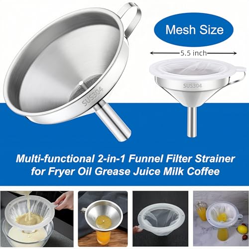 Kitchen Funnel with Strainer and 200 Fine Mesh Filter, 5 Inch Food Grade 18/8 Stainless Steel Fryer Oil Filter Funnel, Funnels for Kitchen use Filling Bottles, Cooking Oil Filter Strainer