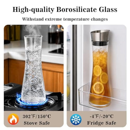 GLASKEY Glass Water Carafe with Lid, 33 oz Glass Water Jug, Dishwasher Safe, Borosilicate Glass Pitcher for Hot and Cold Water, Milk, Coffee and Homemade Drinks - size: 33.8 Ounces