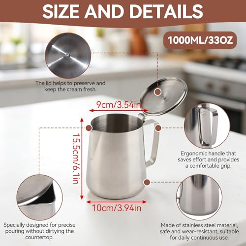 Milk Frothing Pitcher Jug, 33.82oz Milk Frother Cup with Lid, Stainless Steel Coffee Creamer Container Dispenser Cup Mug Milk Steaming Pitcher for Latte Coffee Art (1000ML) - size: 1000ML