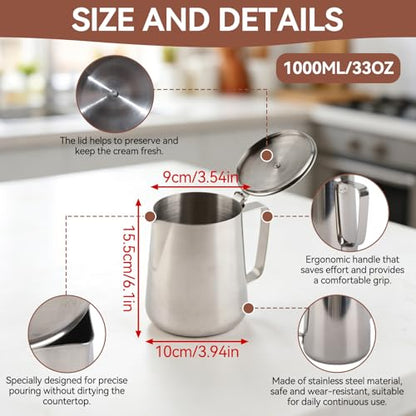 Milk Frothing Pitcher Jug, 33.82oz Milk Frother Cup with Lid, Stainless Steel Coffee Creamer Container Dispenser Cup Mug Milk Steaming Pitcher for Latte Coffee Art (1000ML) - size: 1000ML