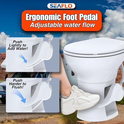 SEAFLO Porcelain RV Toilet with Sprayer Attachment - Elongated Bowl 19” Inch Residential Height, Gravity Flush, Foot Pedal Soft Close Seat Camper Motorhome Easy Install 4 -year Warranty SFRTCH-02-02 - color: White (Ceramic Bowl with Sprayer)