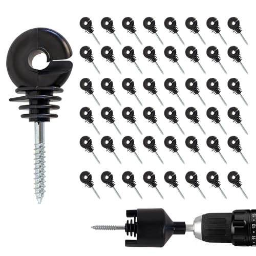 50 pcs Electric Fence Insulator, Black Self-Tapping Insulator, Fence Ring Post Screw-in Wood Post Insulator, with 1 pc Insulator Socket Tool (Fit for Electric Drill) - size: 50 pcs