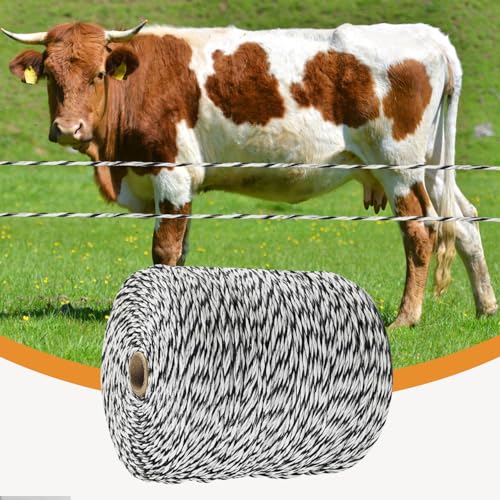 Electric Fence Polywire, 1320ft (400m), 3 Aluminum Strands, UV-Resistant PVC, 0.1in (2.5mm) Diameter, 256 lbs Tensile Strength, for Livestock and Rotational Grazing, White and Black - size: 1312 FT
