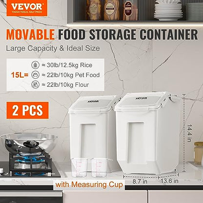 VEVOR Ingredient Storage Bin, 2 x 15L Dispenser Bin with 2 Measuring Cups, Attachable Casters and Airtight Lid, 2 Pcs/Set Dog Pet Food Storage Container, PP Material Kitchen Rice Cereal Flour Bin - size: 3.5 Gallon*2