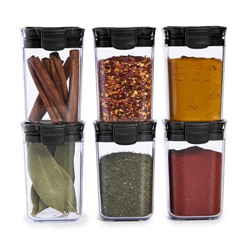 ProKeeper Progressive Seasoning & Spice Storage Container Set, 6 Airtight 5-Oz Keepers with Removable Shaker and Leveler Inserts, Stackable, BPA-Free, Dishwasher Safe, Black - color: Black