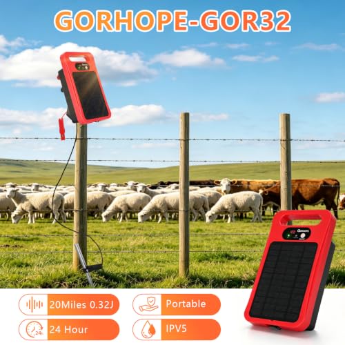 0.32J Solar Electric Fence Charger with Panel for Livestock, 20-Mile Red - color: Red