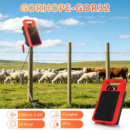 0.32J Solar Electric Fence Charger with Panel for Livestock, 20-Mile Red - color: Red