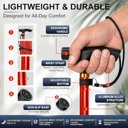 supregear Folding Cane, 5-Level Adjustable Height Walking Stick Lightweight Collapsible Portable Travel Cane with Wrist Strap and T Handle for Elderly Disabled Men Women - color: Red