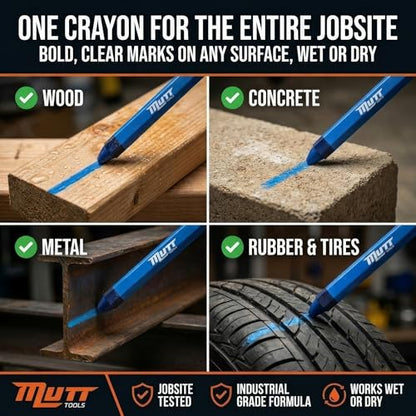 Mutt Tools Blue Lumber Crayons 12 Pack - Construction Crayon | Blue, 12 Pack, Wax Formula, Hexagonal Grip, Weather Resistant - color: Blue