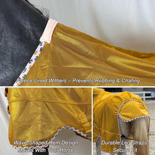 BARN & STABLE Breathable and UV Protective Tear-Resistant Mesh Horse Fly Sheet Comfy Equine Summer Sheet with Removable Web Leg Straps - color: Golden Glow, size: 75 in