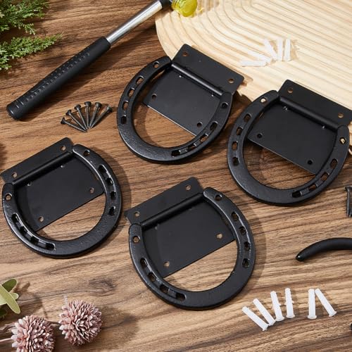 SUPERFINDINGS 4Pc Horse Tie Ring Iron Horse Tack and Supplies Black Tack Barn Stable Supplies for Horse Horseshoe Cross Ties Down with Expansion Bolts for Stall Trailer Barn