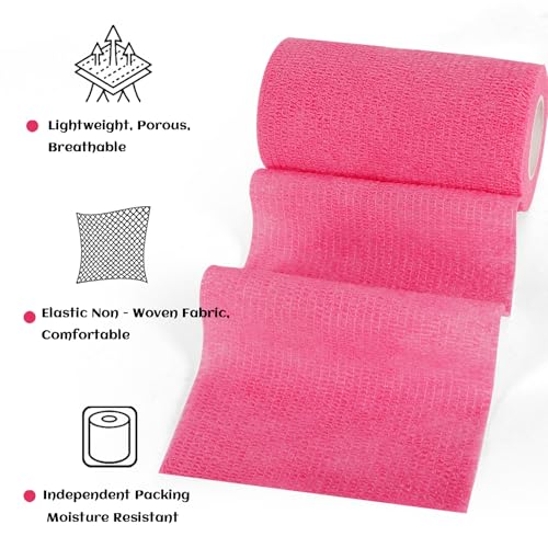 6 Rolls Elastic Self Adhesive Bandage Wrap 4 Inch, Breathable Non Woven Cohesive Bandage, Vet Wrap for Dogs, Ankle Sprains Swelling Medical First Aid Tape, Sports Athletic Tape Hot Pink - color: 4 Inch-6 Count Hot Pink