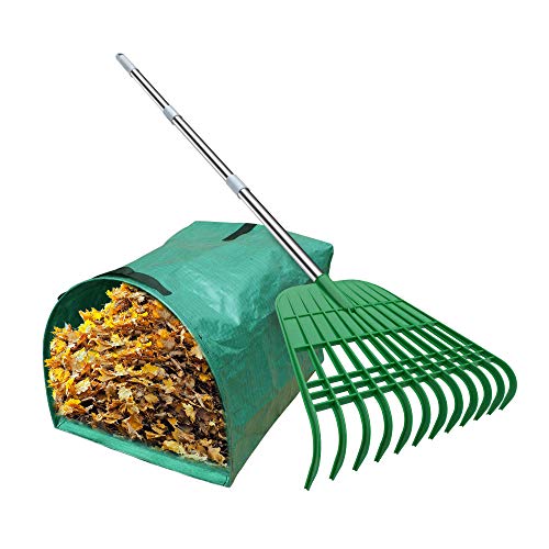 Gardzen 12 Tines Gardening Leaf Rake, Lightweight Steel Handle, Detachable, Ideal Camp Rake, Comes with Dustpan-Type Garden Bag | Lightweight Steel Handle, Detachable, Ideal Camp Rake, Comes with Dustpan-Type Garden Bag - style: Green Rake