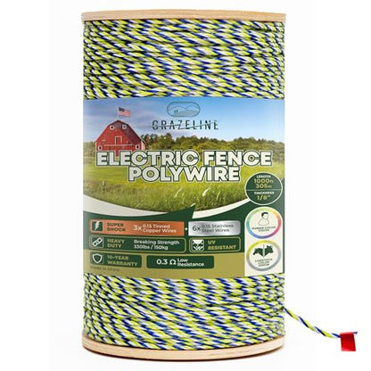 Electric Fence Polywire 9-Strands 1/8” 1000ft - Hot Wire 0.3 Ohm Resistance | 330lb Strength Tinned Copper & Stainless Steel - Suitable for Horses Livestock Rotational Grazing & Pasture Electric Fencing - size: 1000 ft