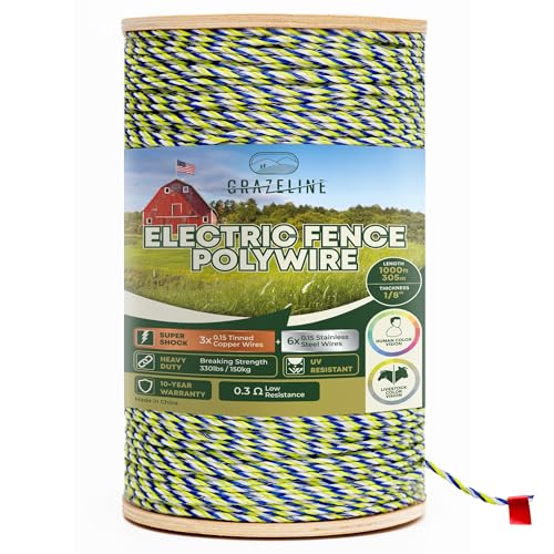 Electric Fence Polywire 9-Strands 1/8” 1000ft - Hot Wire 0.3 Ohm Resistance - size: 1000 ft