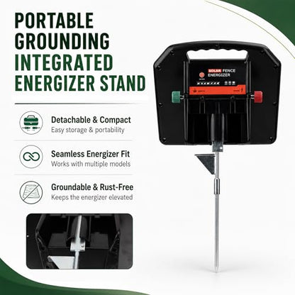 18.5 Inch 2-in-1 Portable Electric Fence Energizer Stand & Grounding Stake, Detachable Anti-Corrosion Metal Mount with Step-in Foot Pedal