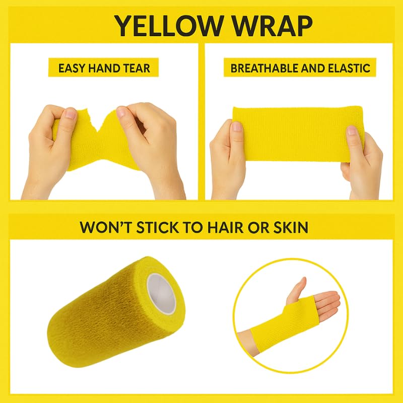 4" Cohesive Flexible Bandage Wrap – Yellow - Pack of 4 | Self-Adherent Vet Tape for Animal Wound Care, Wrapping, and Support – Non-Slip, Breathable, Flexible Bandage for Livestock - color: Yellow