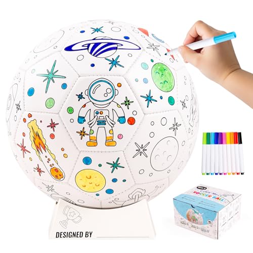 EVERICH TOY Paint Your Own Soccer Ball, Astronaut Toys Soccer Gift for Boys | 3 4 5 6 7 8 Year Old Boy Birthday Gifts, Arts and Crafts Kit for Kids, Size 3 Sports DIY Coloring Soccer Ball with Markers - color: Astronaut