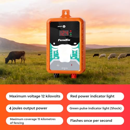 15 Miles Electric Fence Energizer, 4J Output 12KV High Voltage Pulse Charger, AC/DC Power with LED Indicator & ON/Off Switch, Electric Fence for Livestock Poultry Garden Wildlife Control