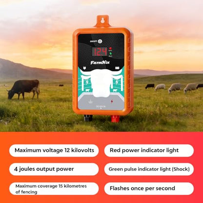 15 Miles Electric Fence Energizer, 4J Output 12KV High Voltage Pulse Charger, AC/DC Power with LED Indicator & ON/Off Switch, Electric Fence for Livestock Poultry Garden Wildlife Control