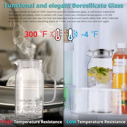 Bivvclaz 2 Pack 1.2 Liter 40 oz Small Glass Pitcher with Lid and Handle, Glass Carafe Water Pitcher for Hot/Cold Water, Iced Tea, Drinks, Coffee, Juice and Homemade Beverage - color: Clear, size: 40 Ounces (2 Pack)