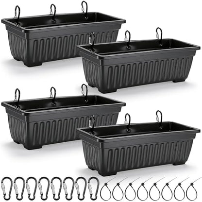 4 Pack 12 Quart Large Feed Trough Goat Horse Feeders Plastic Hanging Feeder with Clips and Nylon Cable Tie Water Trough Supplies Dog Horse Hog Pig Livestock Poultry for Large Animal Black