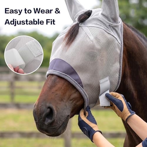 Horse Fly Mask with Ears - UV Protection Fine Mesh Super Comfort Fly Masks for Horses, Adjustable Breathability Horses Masks, Pony Equine Fly Mask for Miniature Foal Draft Cob Srabian Full (Gray, L) - size: L