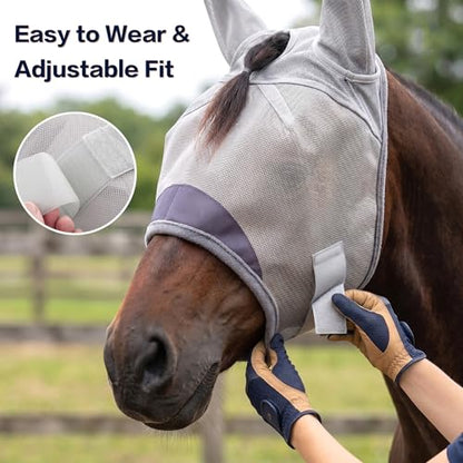 Horse Fly Mask, Super Comfort Fly Masks for Horses, Adjustable UV Protection Breathability Horses Fly Masks with Ears, Pony Mini Equine Fly Mask for Miniature Foal Draft Cob Srabian Full (Gray, M) - size: M