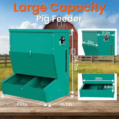 2 Door Hog Feeder,3.7 Bushel Heavy Duty Pig Feeder with Gravity Self Feeding System, Weatherproof Lid & Feed Level Window，Livestock Feeder for Barn, Farm