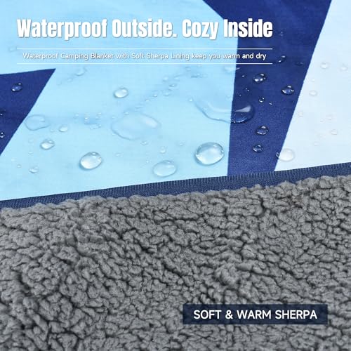 Tirrinia Waterproof Outdoor Blanket with Sherpa Lining, Windproof Foldable - color: Navy Mountain, size: 51” x 59”