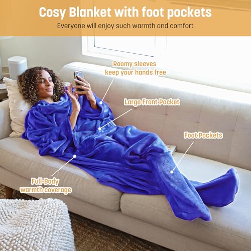 Catalonia Wearable Blanket with Sleeves & Foot Pocket for Adults - color: Blue, size: Fleece