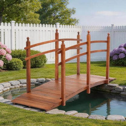 Outvita 7.5Ft Stained Wooden Garden Bridge with Safety Rails - size: 7.5ft-dark brown