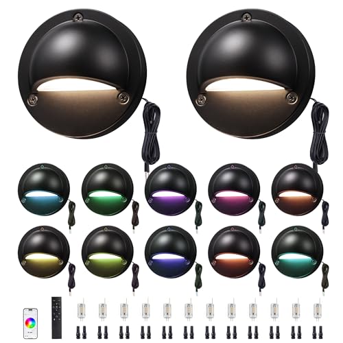Low Voltage RGBCW Deck Lights, 12V Bluetooth Mesh Smart Outdoor Landscape Lighting with App & Remote Control, Replaceable G4 Bulb, IP65 Waterproof Aluminum for Steps, Stairs & Fence, 12 Pack - color: Black-RGBCW (Wiring Required), size: 12 Pack
