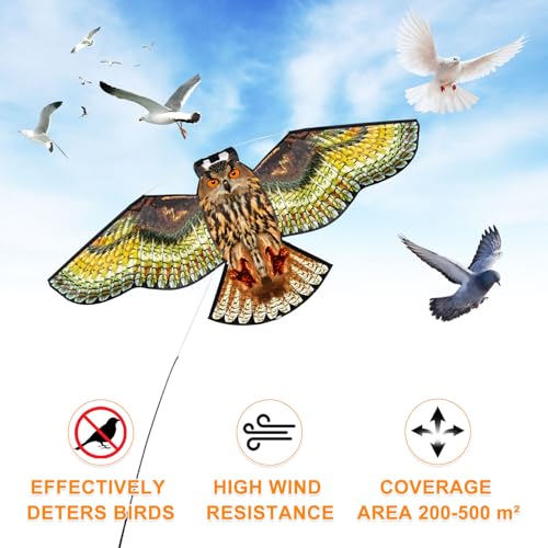 Bird Scarer Kite with 13ft Pole Bird Hawk Flying Kite-Owl Kite | Deterrents for Farms, Gardens and Docks | Keeps Birds, Geese and Seagulls Away | Covers 2150-5380 sq.ft - color: multicoloured