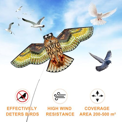 Bird Scarer Kite with 13ft Pole Bird Hawk Flying Kite-Owl Kite | Deterrents for Farms, Gardens and Docks | Keeps Birds, Geese and Seagulls Away | Covers 2150-5380 sq.ft - color: multicoloured