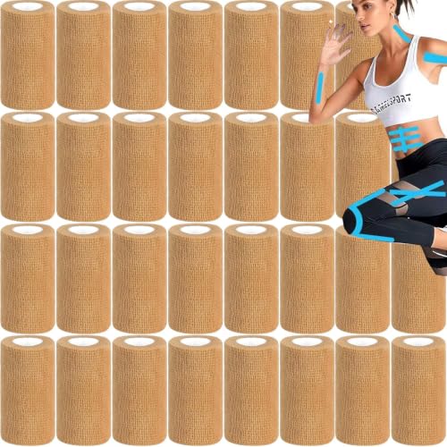 54 Pack Skin Self Adhesive Bandage Wrap Bulk 4 Inch x 5 Yards Cohesive Bandage,Vet Wrap Breathable Elastic Self-Adherent Tape for Stretch Athletic Sports Wrist Ankle Dogs Pet Vet Wrap - color: Skin