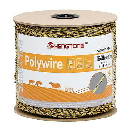 Electric Fence Poly Wire 1640ft 500m, 6 x 0.18mm Stainless Steel Conductors, Portable Electric Fence Polywire for Livestock, Yellow and Black Fence Wire - size: 1640ft(500m)