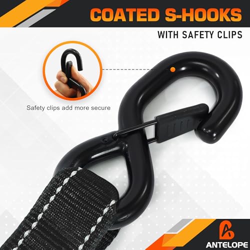 A ANTELOPE 4 Pack 1.5" x 15' Ratchet Tie Down Straps with S Hooks, Black - color: Black, size: 4PK-1.5in