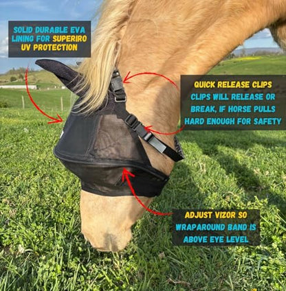 Solar Vizor Horse Fly Mask with Ears (Size COB), 100% UV Eye Protection for Horses with Uveitis, Photosensitivity, Ulcer, Head Shaking, Solid Durable EVA Lining Across The top Half of The Solar Vizor - size: COB